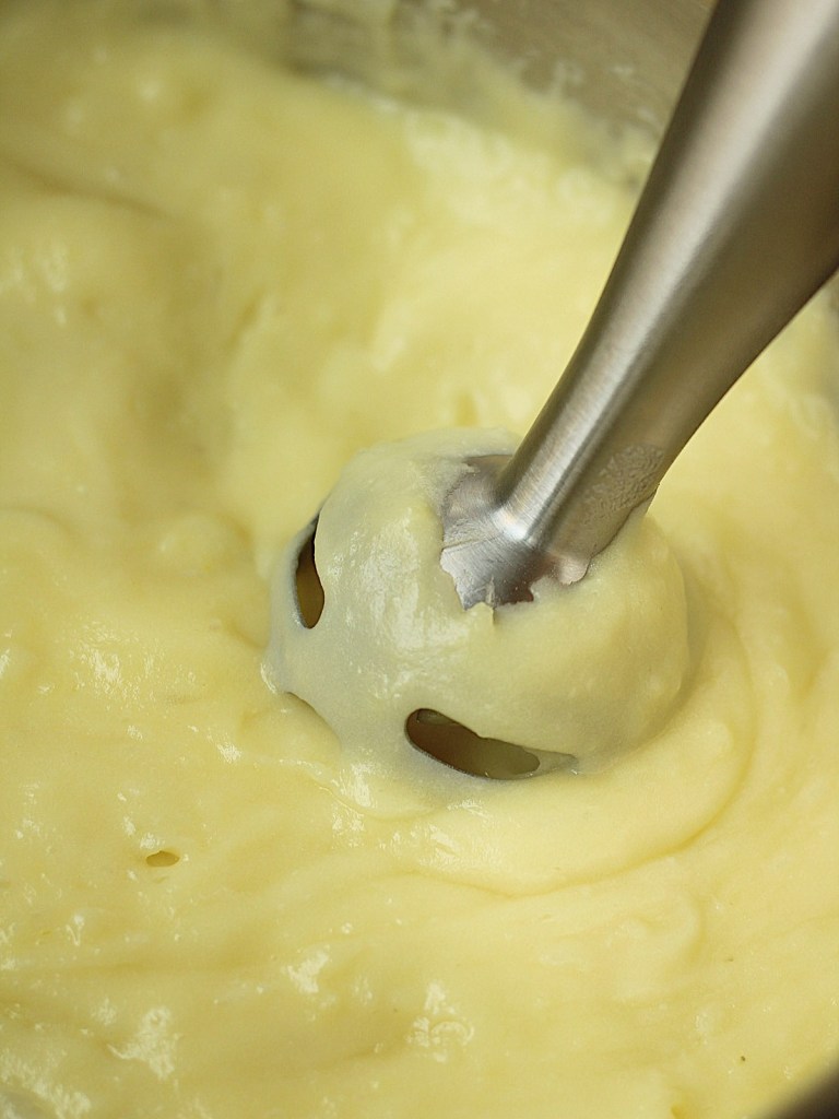 vegan garlic Mashed potatoes after being mixed with an immersion blender