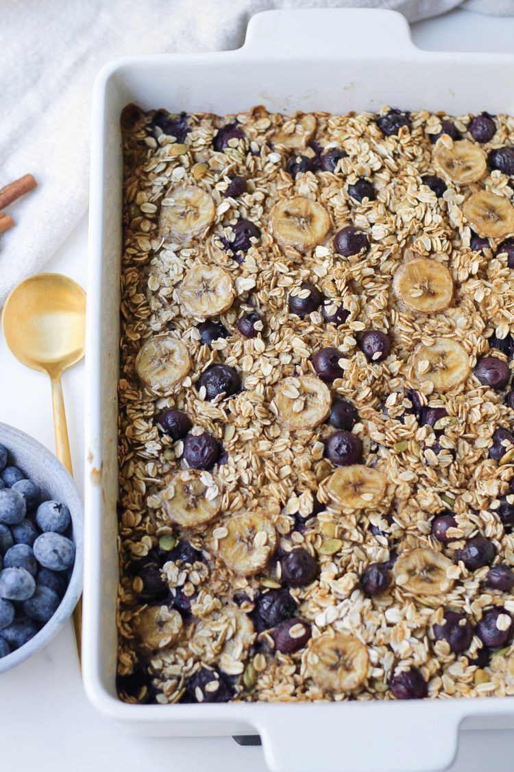 top view finished blueberry banana baked oatmeal