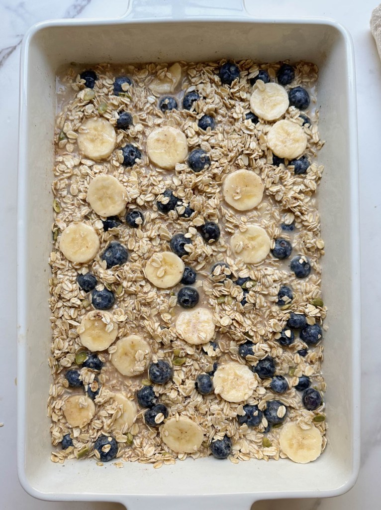 vegan blueberry banana baked oatmeal before baking