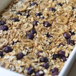 finished vegan blueberry banana baked oatmeal in baking dish
