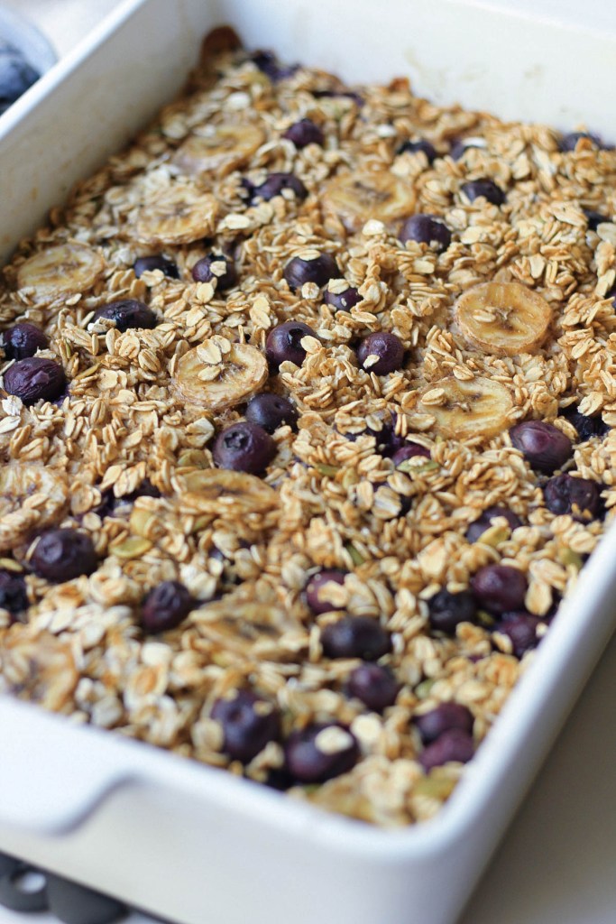 finished vegan blueberry banana baked oatmeal