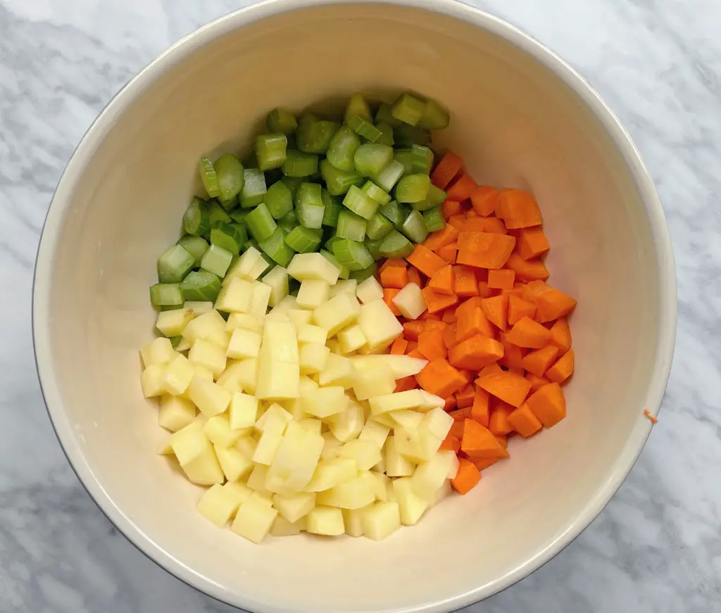 Celery, potatoes and carrotes chopped in a large bowl