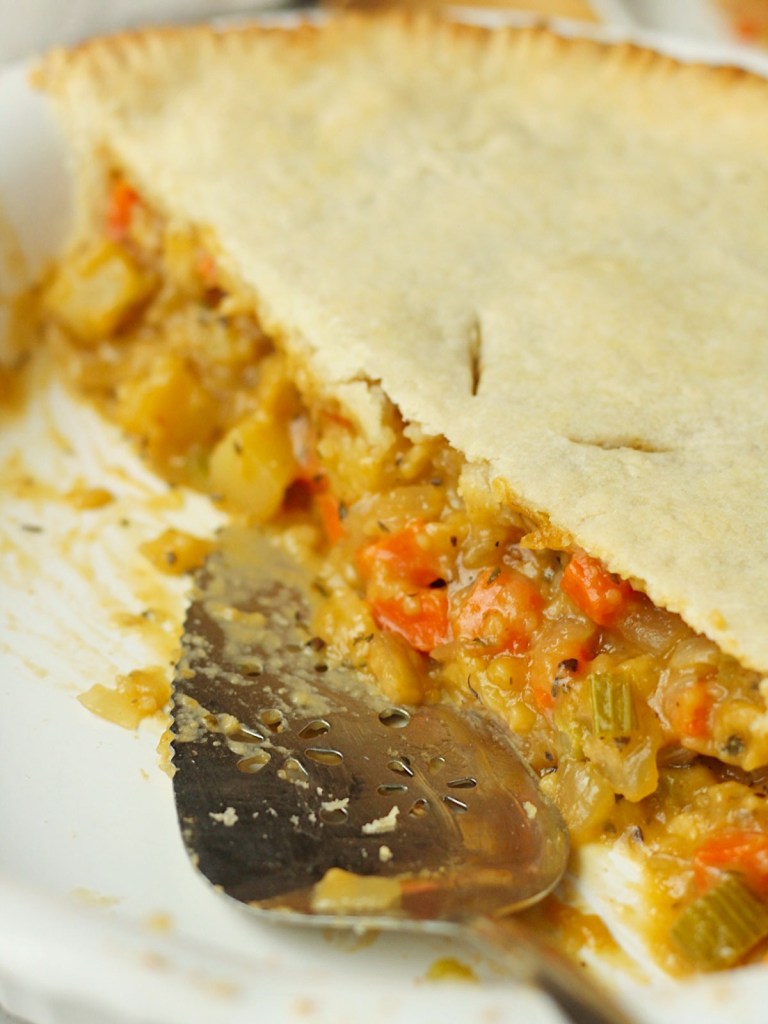 half of finished vegetable pot pie showing inner filling