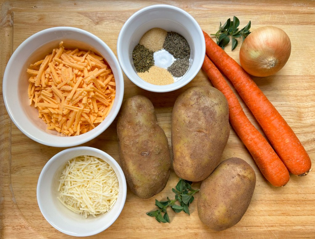 ingredients for vegan baked potato soup on a cutting board