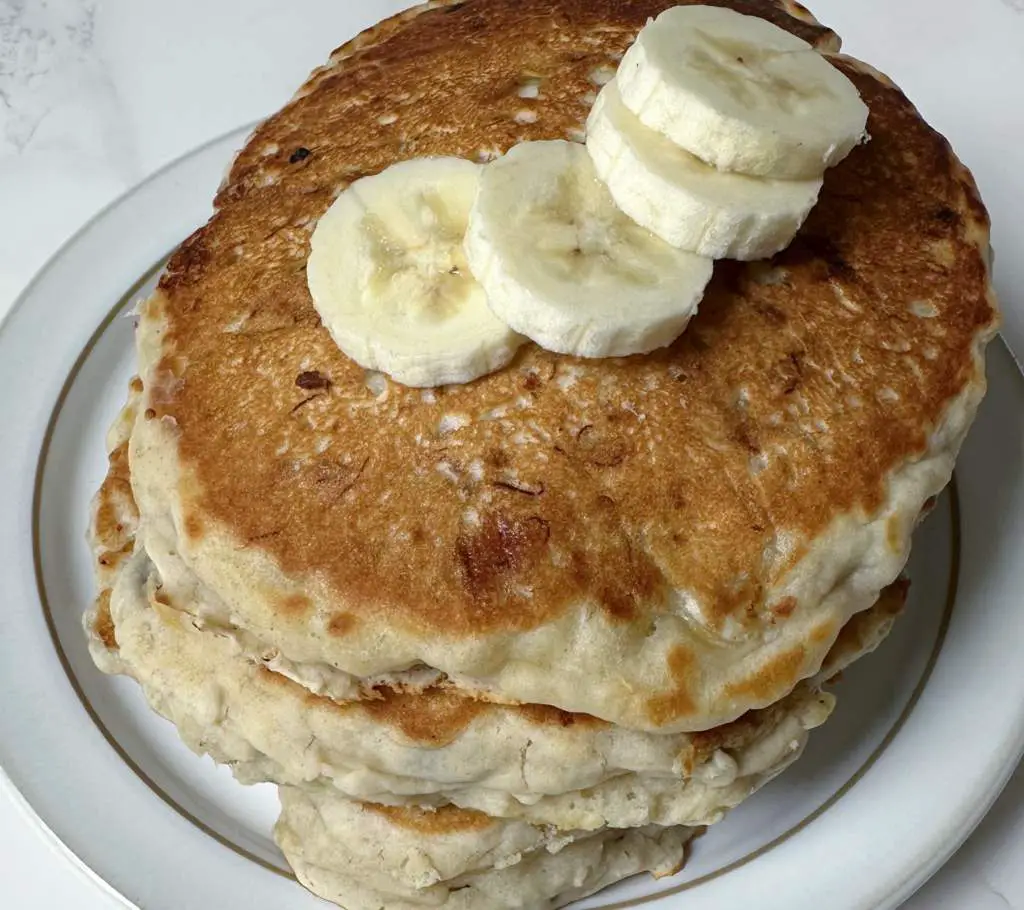 Close up stack of vegan banana pancakes