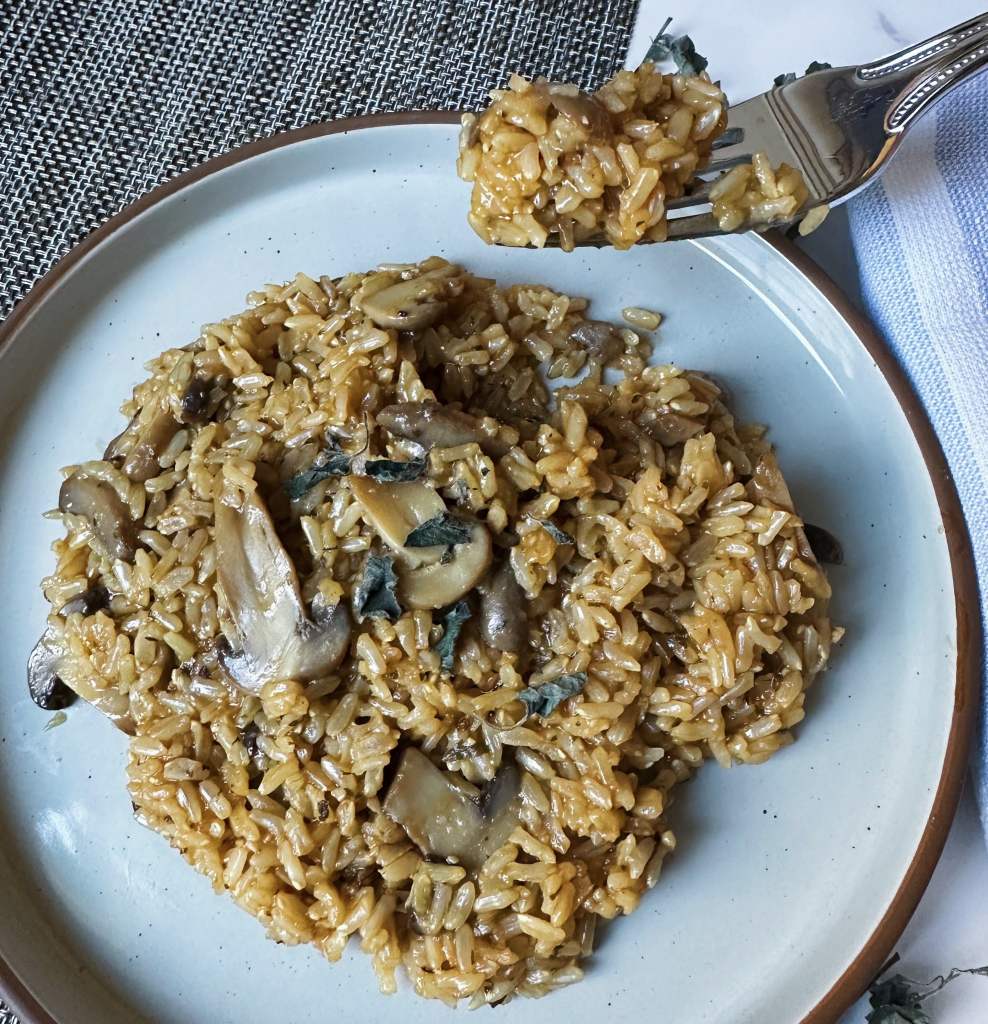 Finished plate of instant pot brown rice risotto