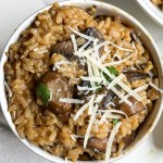 small bowl of brown rice risotto topped with vegan cheese