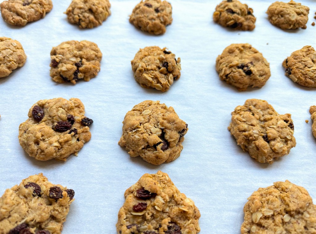 FInished vegan oatmeal raisin cookies on a cookie sheet
