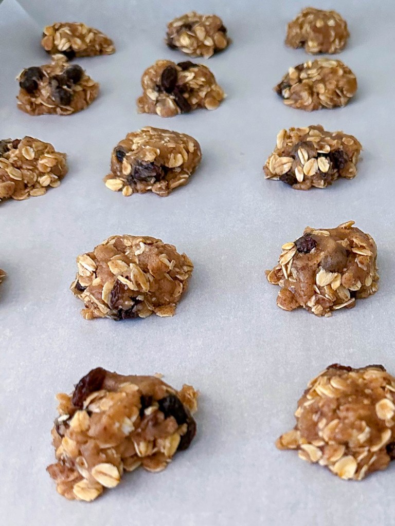 Uncooked vegan oatmeal raisin cookies on cookie sheet