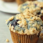 close up vegan blueberry muffins with streusel topping