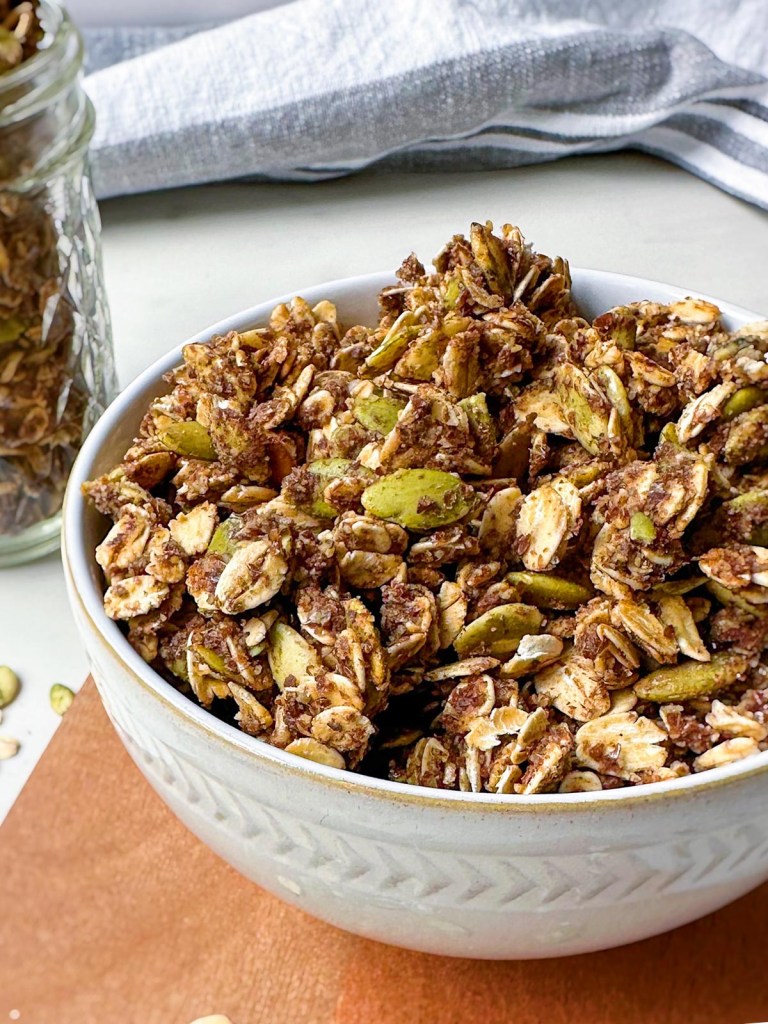 finished bowl of nut-free pumpkin seed granola