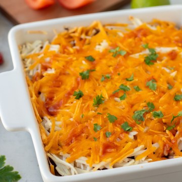 finished vegan mexican casserole in baking dish