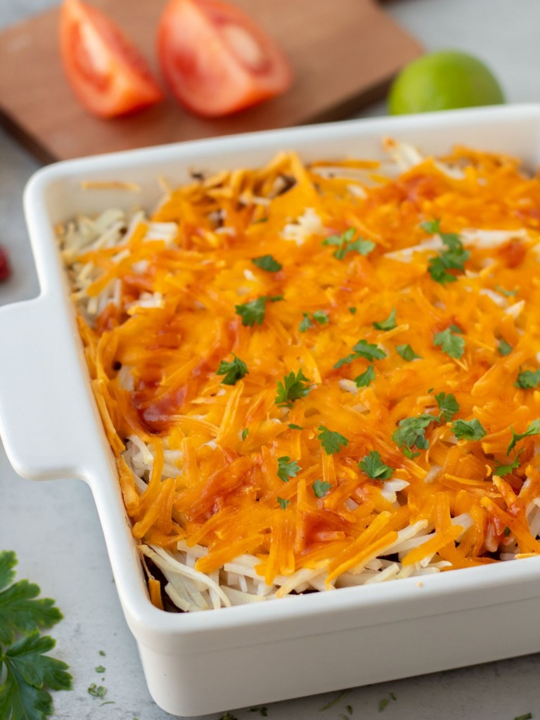 finished vegan mexican casserole in baking dish