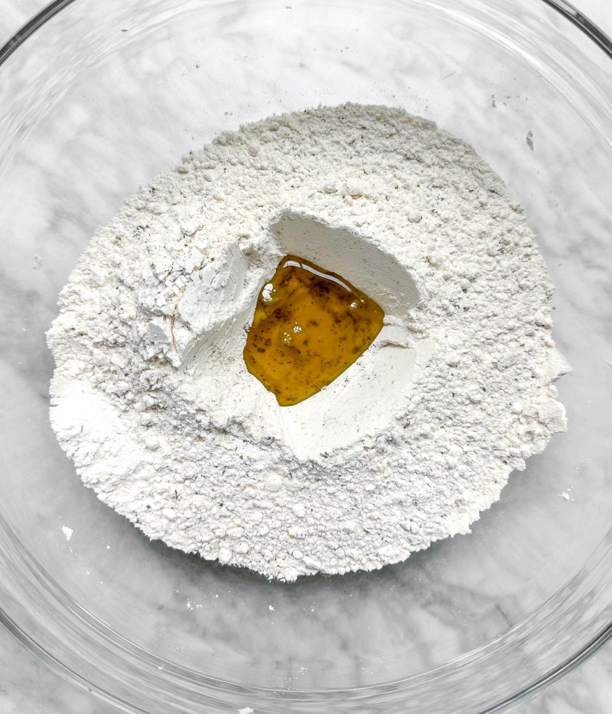 Dumpling dough pre-mixed showing well for oil