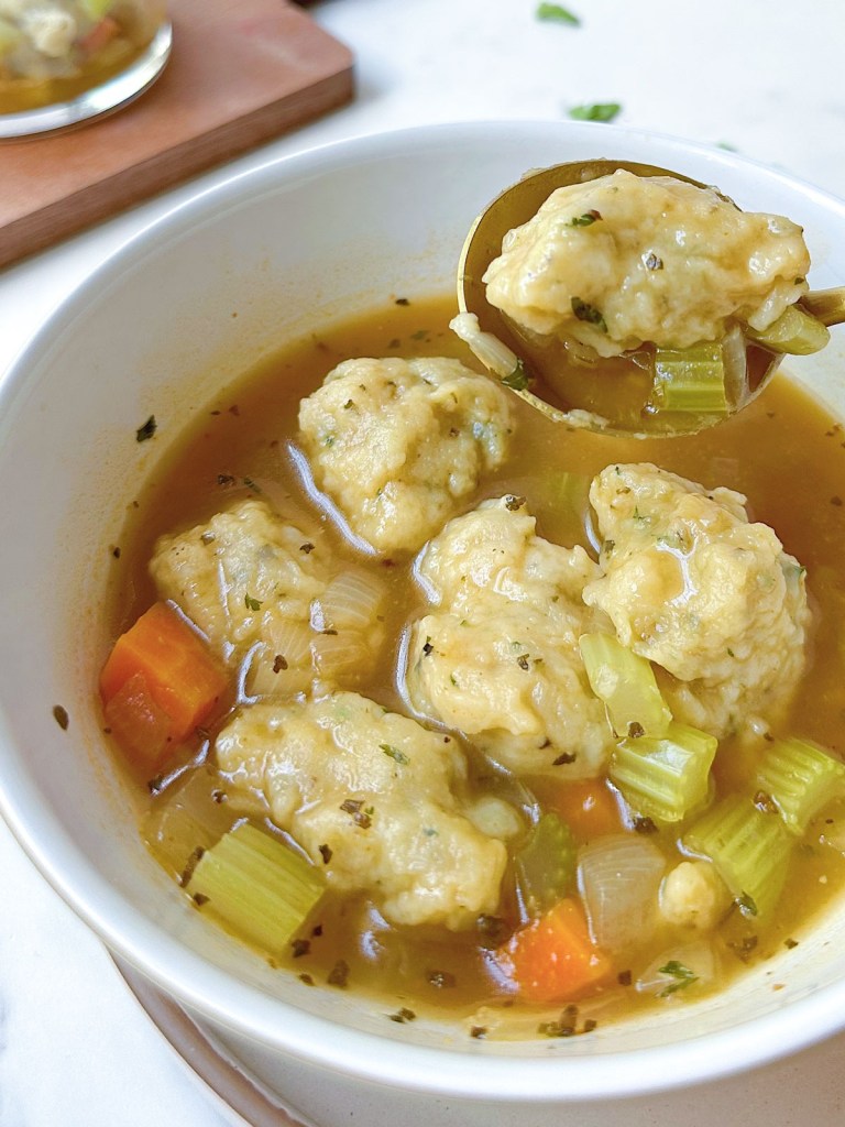 Finished bowl of vegan dumpling soup