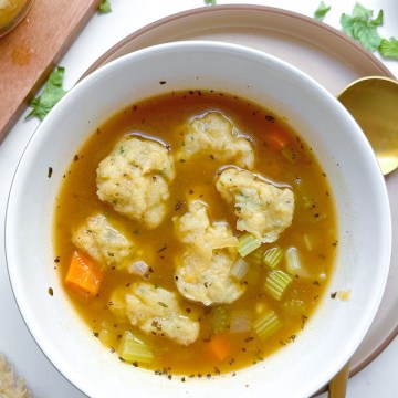 FInished bowl of vegan dumpling soup