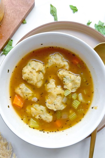 FInished bowl of vegan dumpling soup
