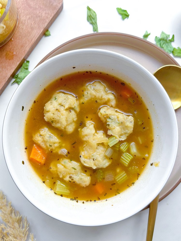 FInished bowl of vegan dumpling soup
