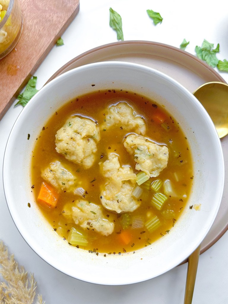 FInished bowl of vegan dumpling soup