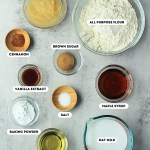 labeled ingredients for vegan belgian waffles on a grey background