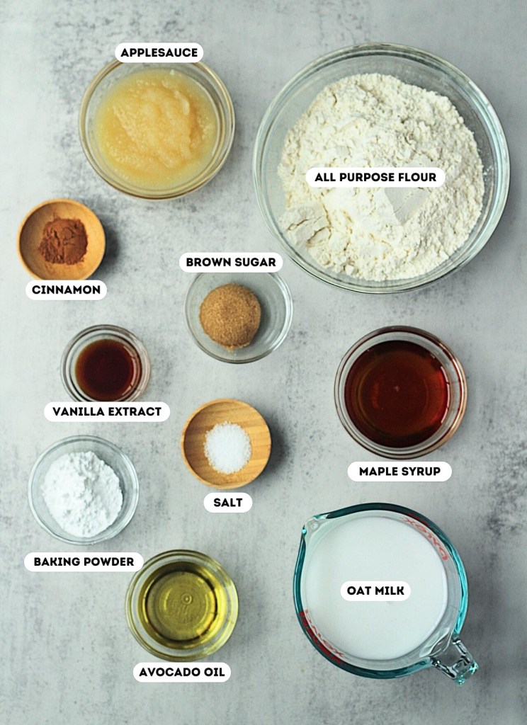 labeled ingredients for vegan belgian waffles on a grey background