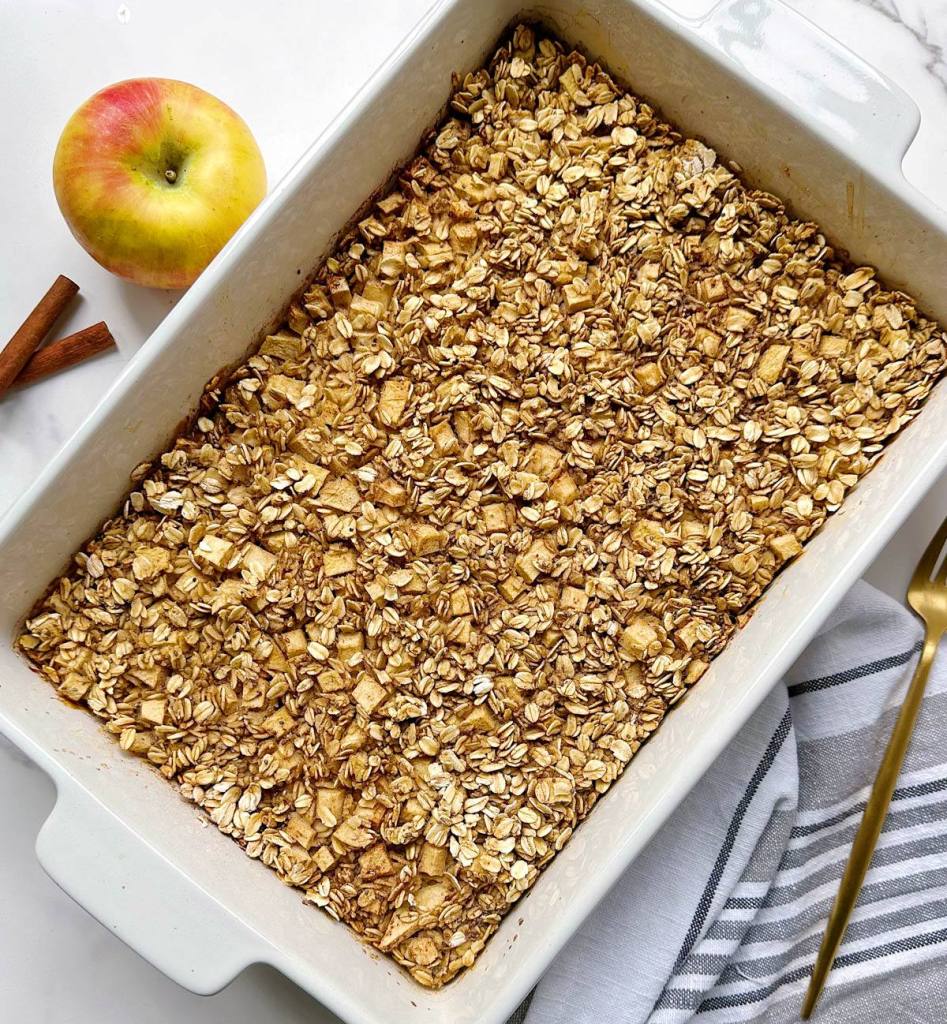 top view finished apple cinnamon baked oatmeal