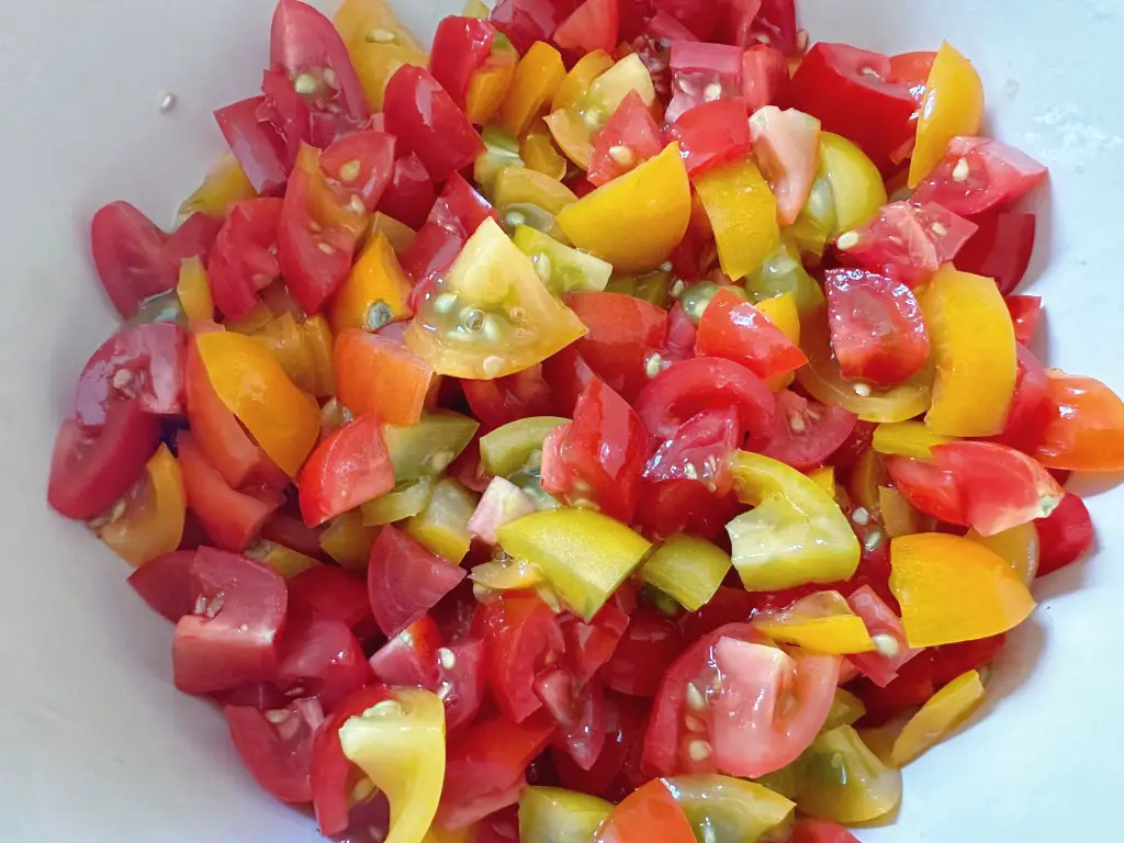 Fresh multicolored tomatoes, diced