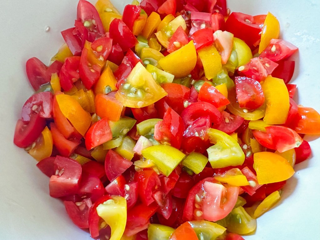 Fresh multicolored tomatoes, diced