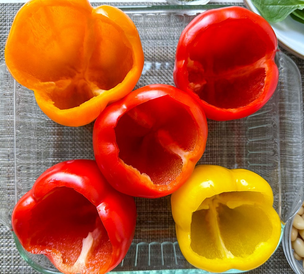 Prepared bell peppers with stems, seeds, and membranes removed.