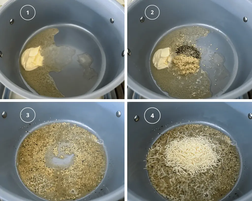 4 photo collage showing steps to making vegan cacio e pepe