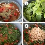 4 pictures showing the steps to preparing the pepper stuffing mixture