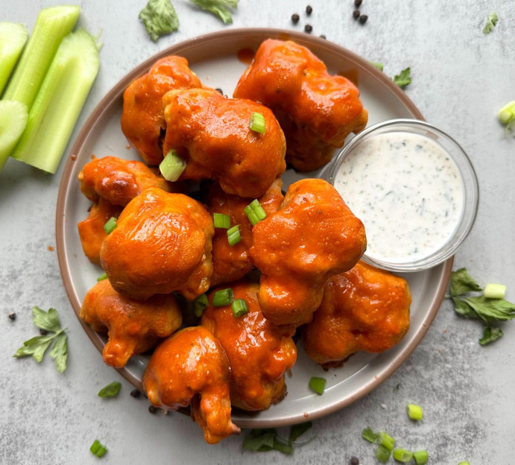 top view vegan buffalo cauliflower wings
