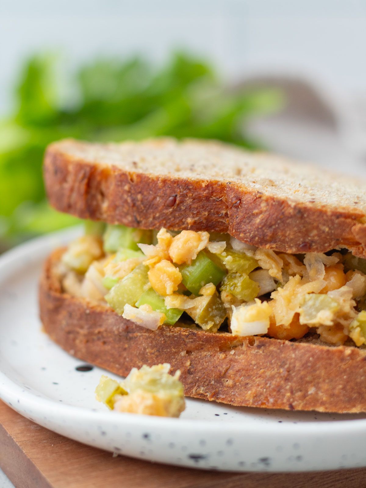 Chickpea salad sandwich between rye bread