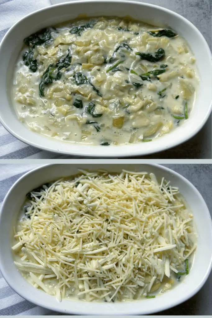 Two final steps of making spinach artichoke dip