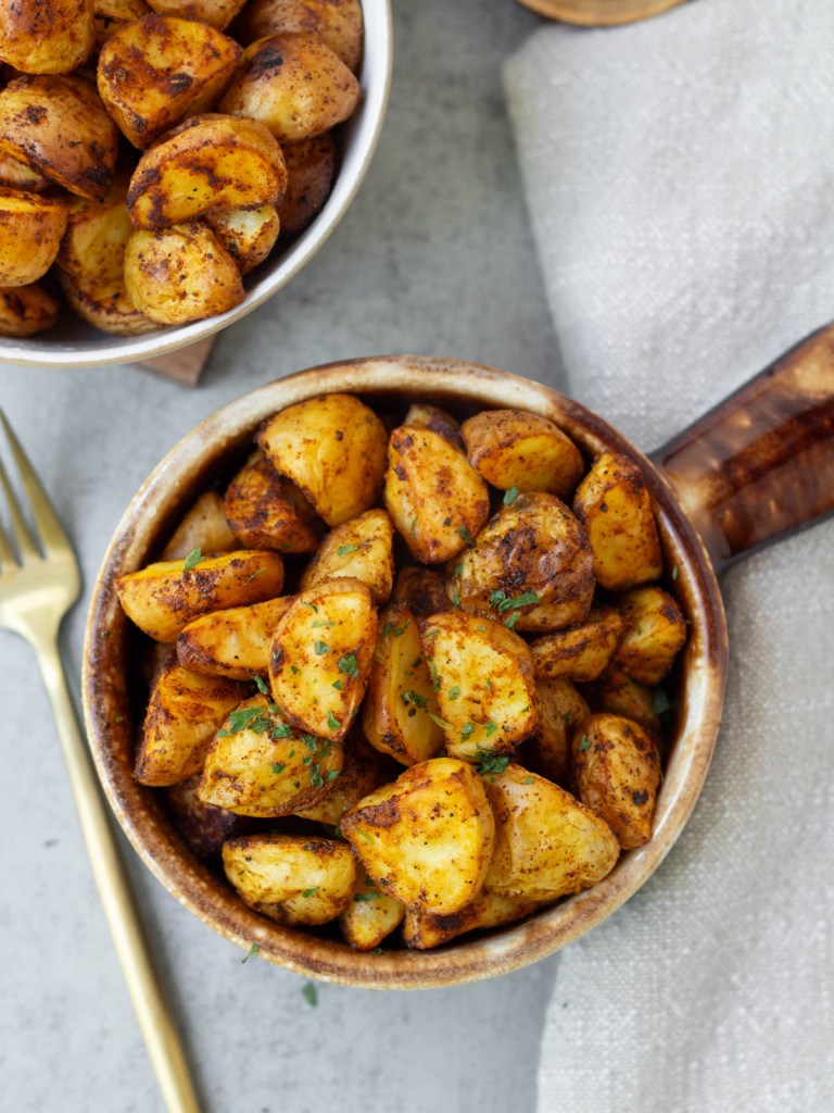 top view finished vegan breakfast potatoes