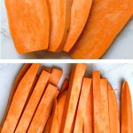 Steps to slicing the sweet potatoes into fry shaped segments