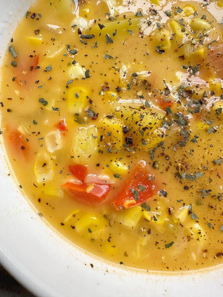 close up vegan corn chowder