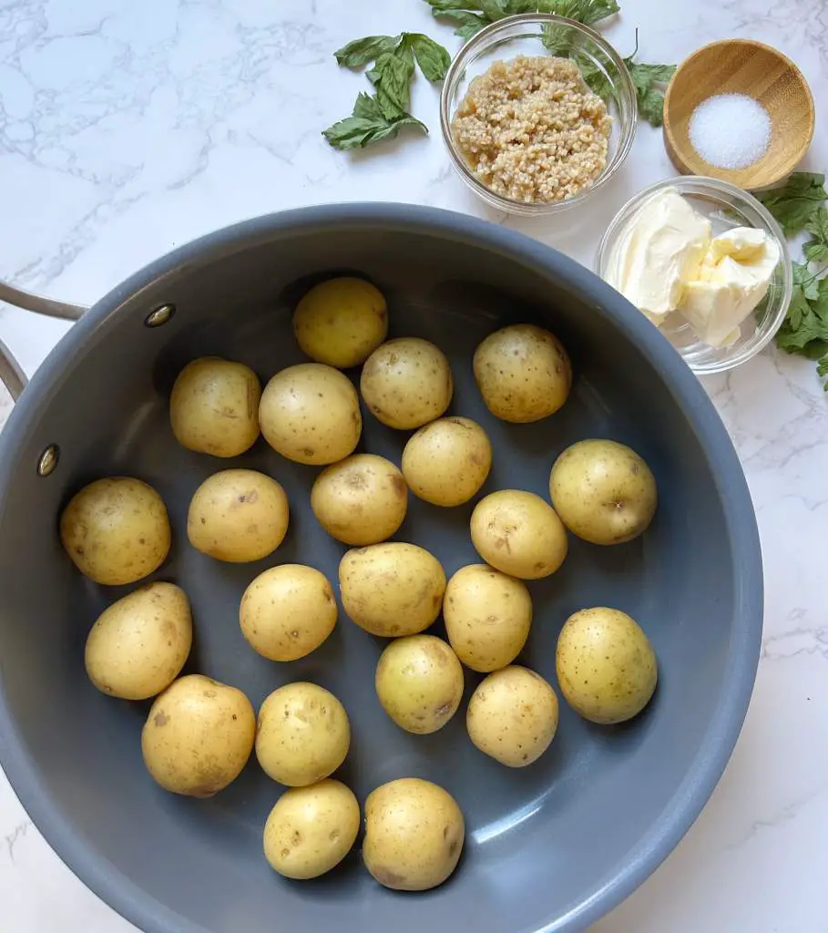 ingredients for crispy garlic smashed potatoes