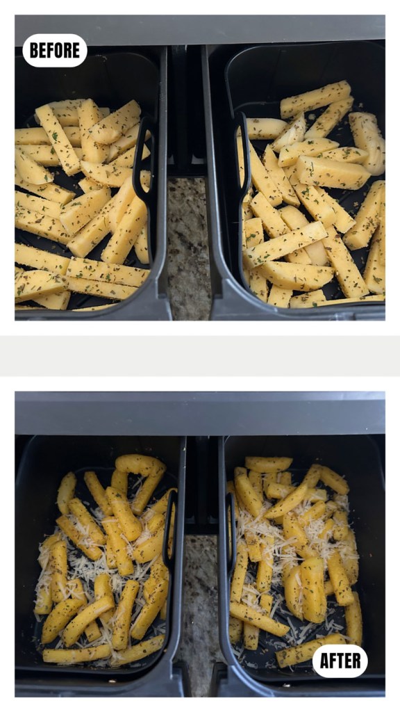 before and after of fries cooked in air fryer