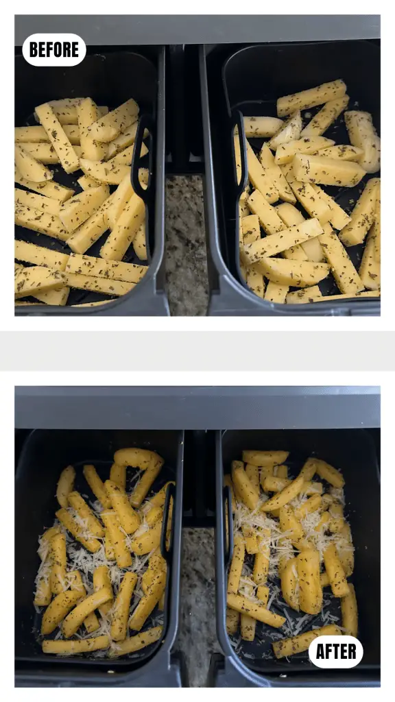 before and after of fries cooked in air fryer