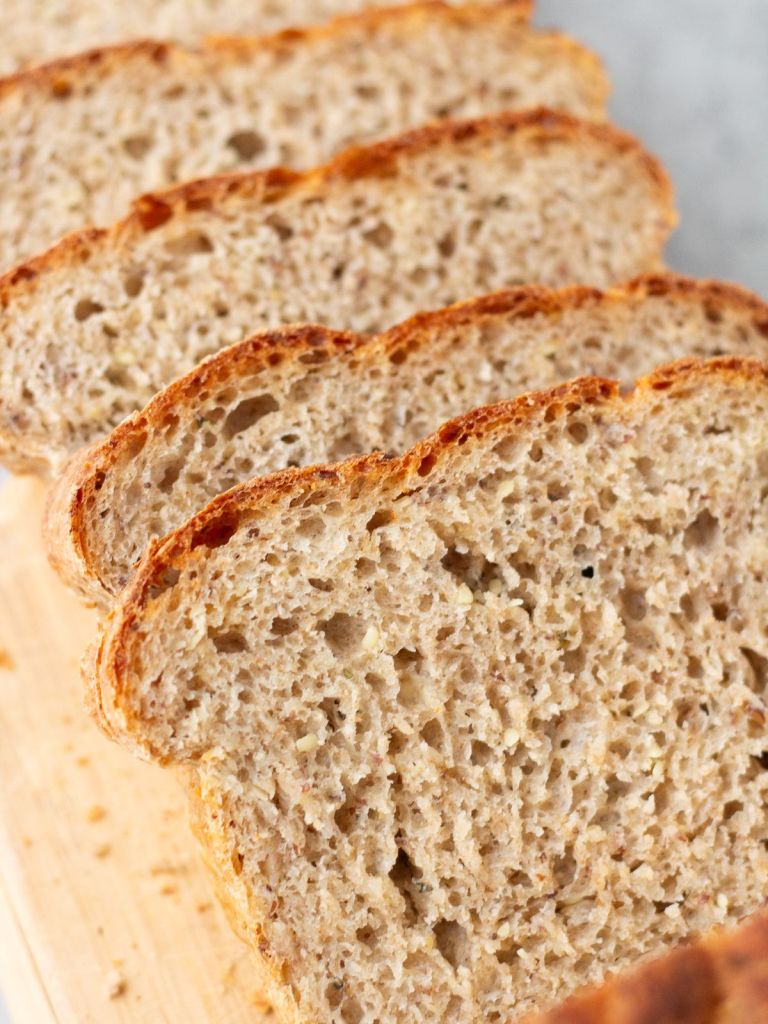 sliced rye bread close up showing crumb