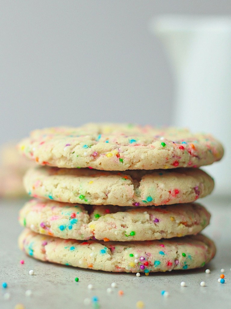 Vegan funfetti sugar cookies stacked