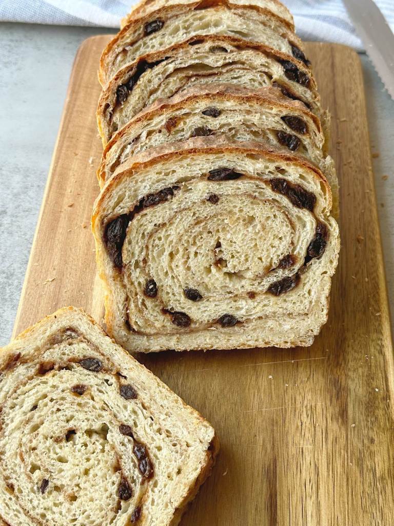 finished loaf of cinnamon raisin bread