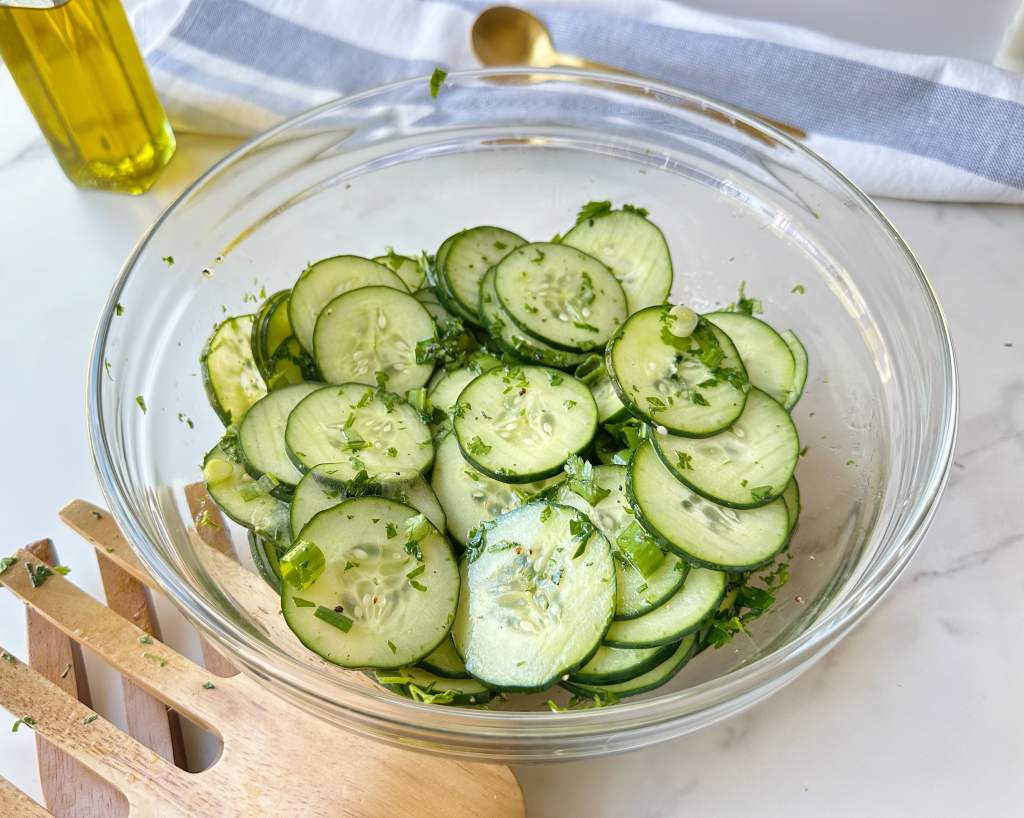 finished bowl of german cucumber salad