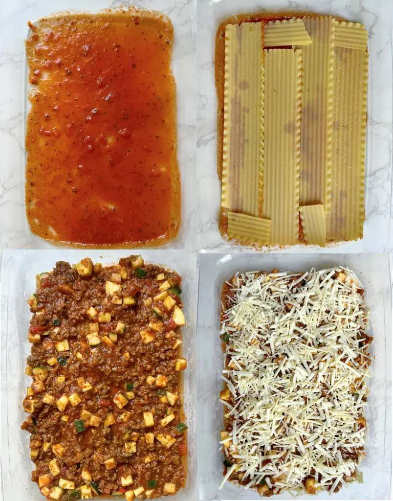 4 photos showing the steps of layering the vegan lasagna