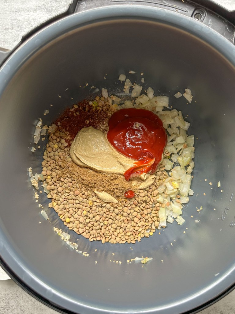 ingredients for lentil sloppy joes in instant pot before water