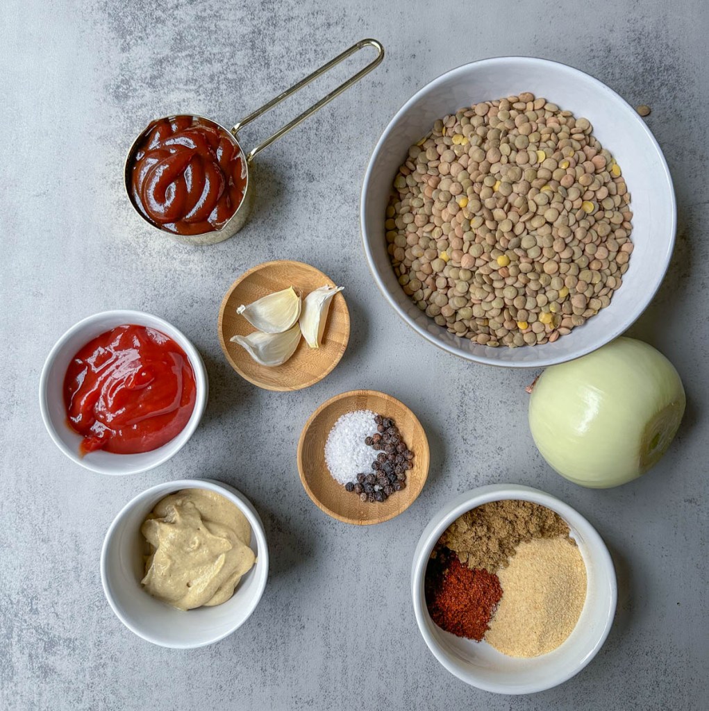 ingredients for instant pot vegan lentil sloppy joes on a grey background