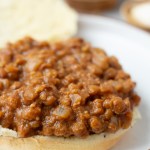 close up finished sloppy joe on open face bun