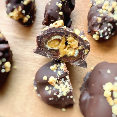 close up of Crunchy peanut butter stuffed dates