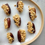 Crunchy peanut butter stuffed dates before being coated with chocolate